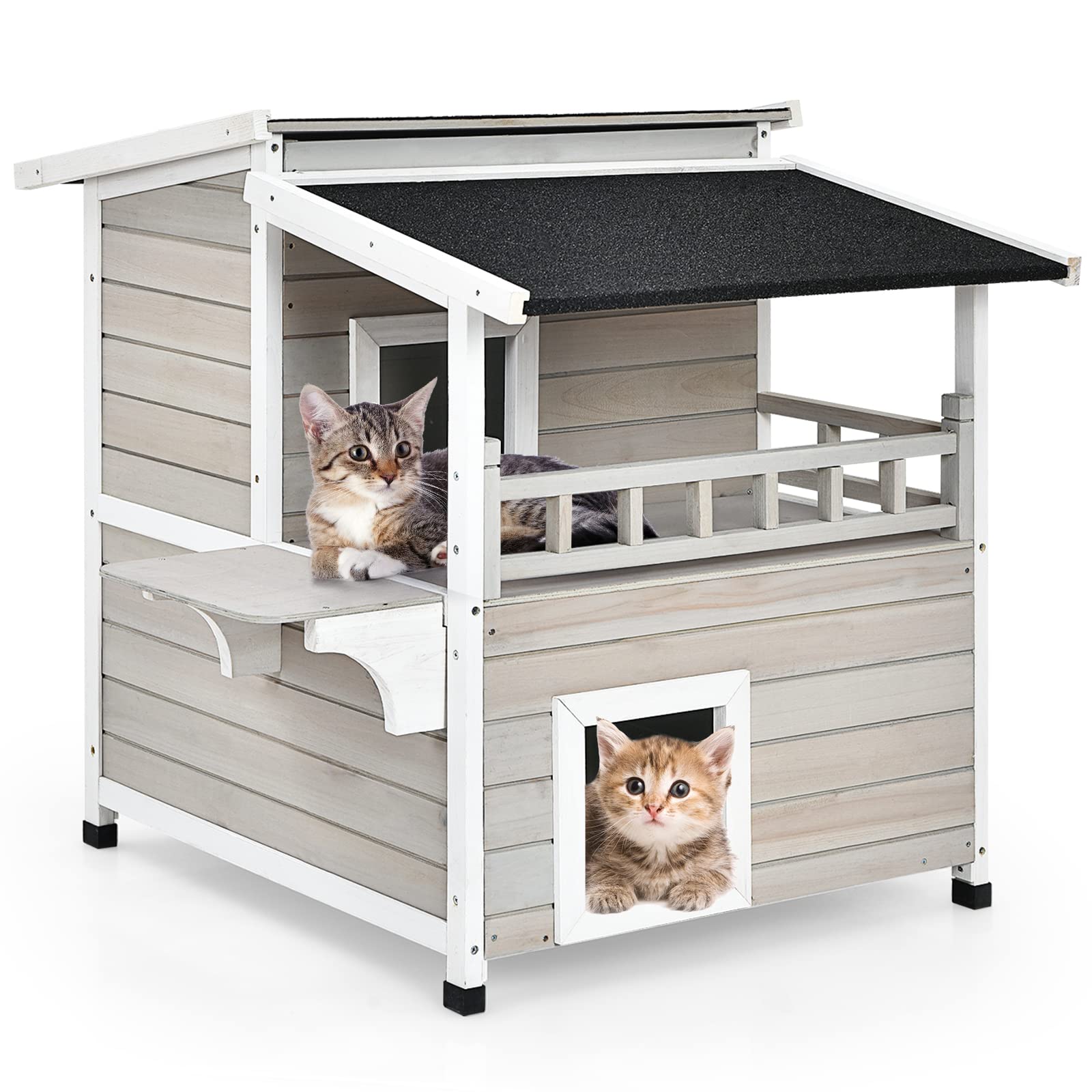 Abri pour chat d'extérieur à deux étages Tangkula avec porte d'évacuation